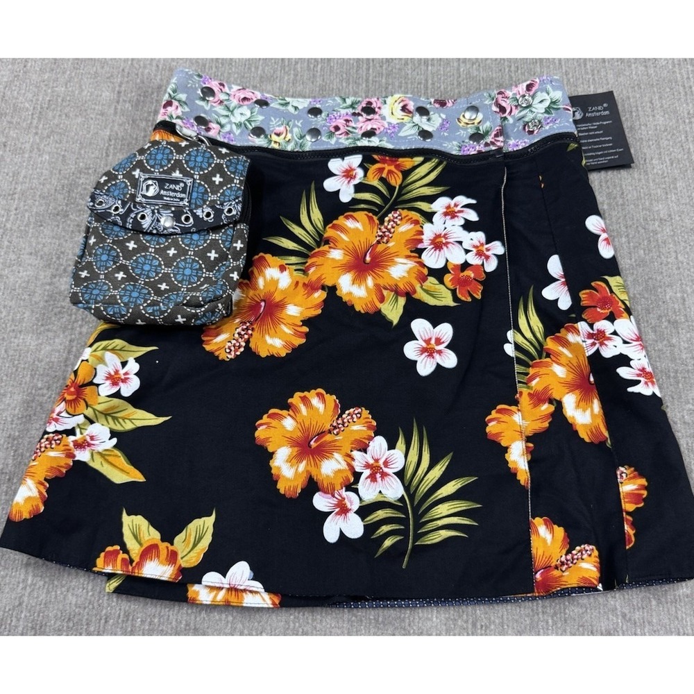 Zand Amsterdam Reversible Wrap Mini Skirt Floral Hawaiian Utility Pocket Beach